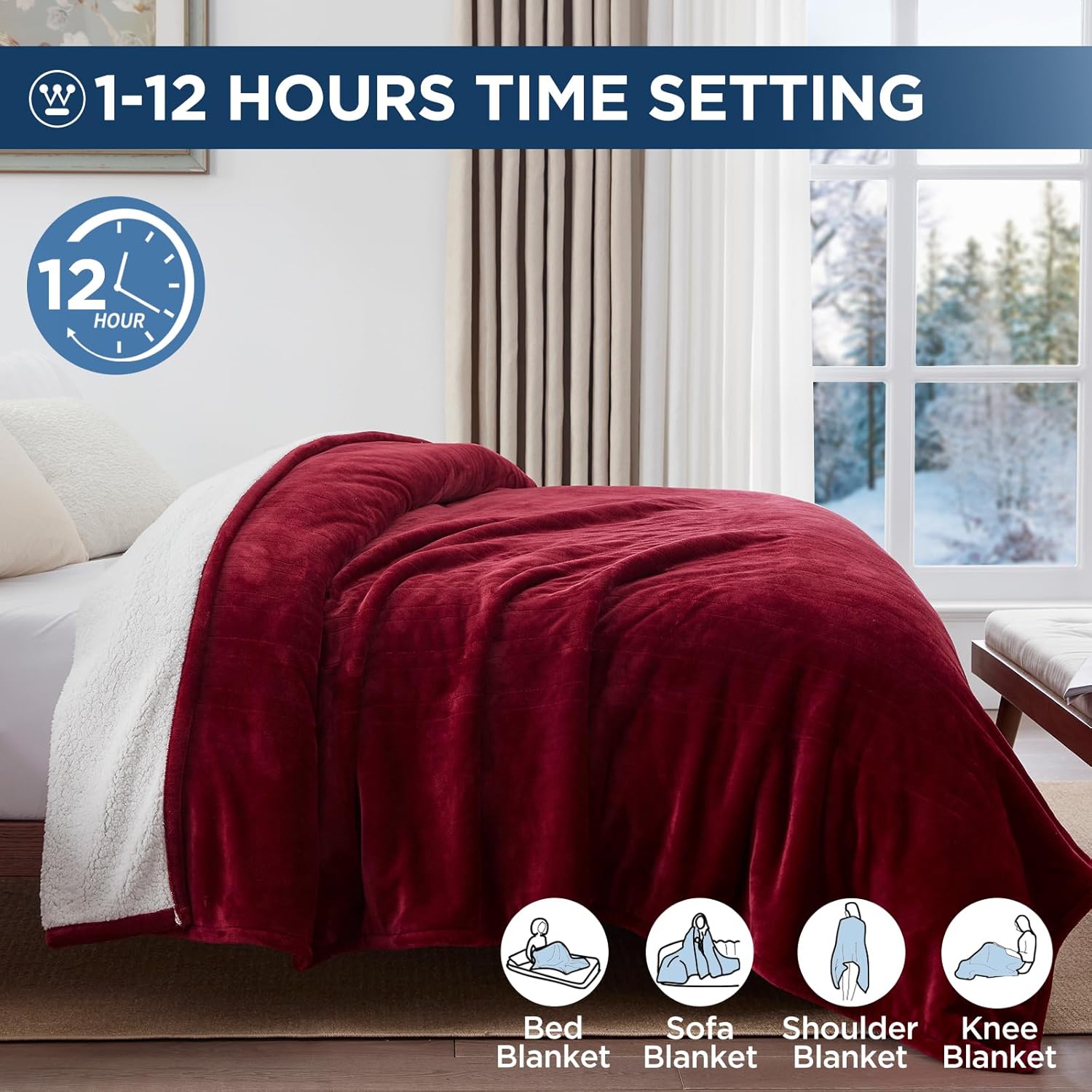 Westinghouse Electric Blanket Queen, Heated Blanket Queen Size with 10 Heating Levels and 1 to 12 Hours Heating Time Settings, Flannel to Sherpa Reversible, Machine Washable (84" x 90", Red)