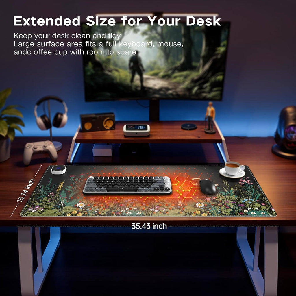 iCasso Heated Desk Pad,Heated Mouse Pad Hand Warmer, XXL Mousepad, Desk Protector Mat with 4 Heating Levels for Computer Keyboard, 35.4" x 15.7" Large Mousepad for Home Office Work (Weeds)