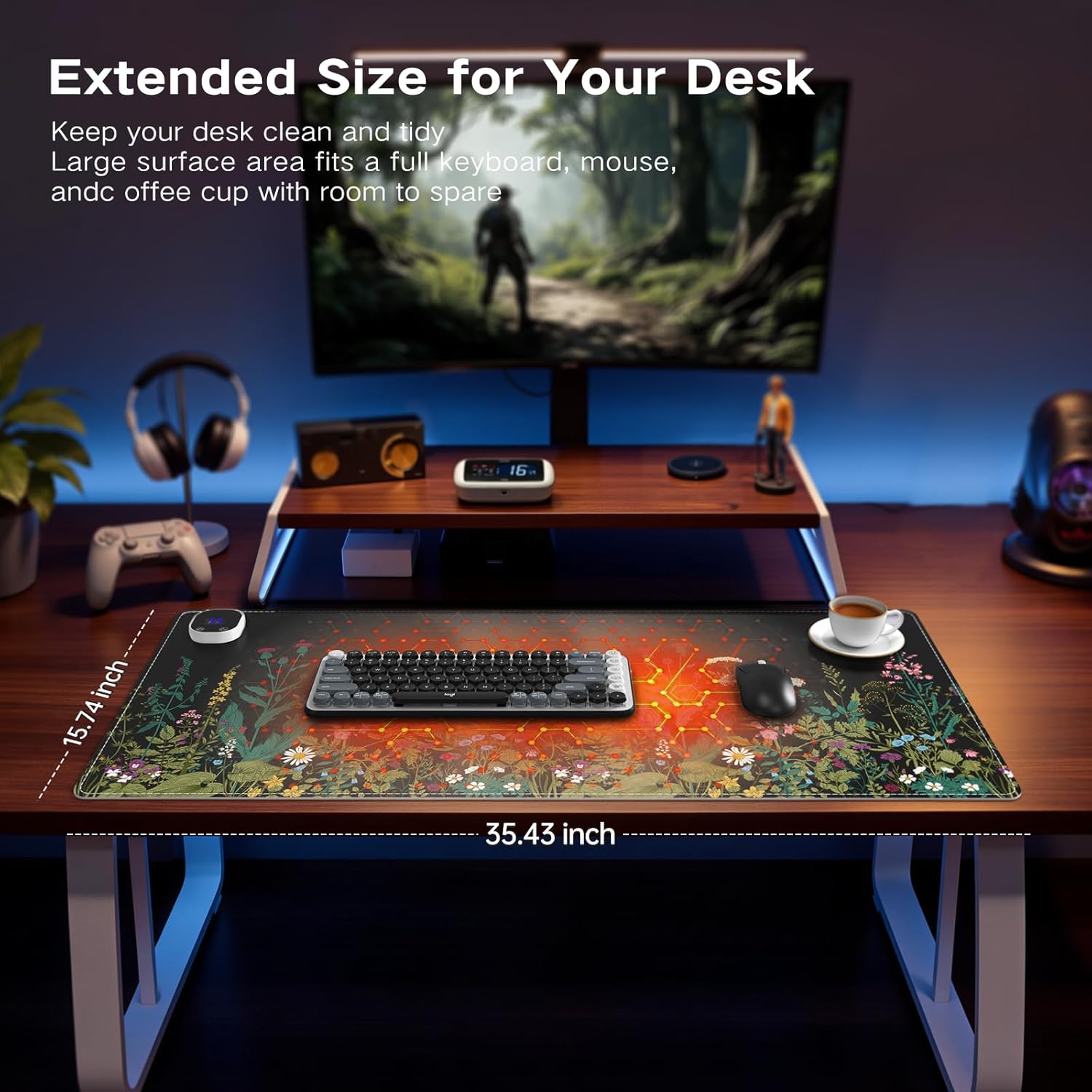 iCasso Heated Desk Pad,Heated Mouse Pad Hand Warmer, XXL Mousepad, Desk Protector Mat with 4 Heating Levels for Computer Keyboard, 35.4" x 15.7" Large Mousepad for Home Office Work (Weeds)