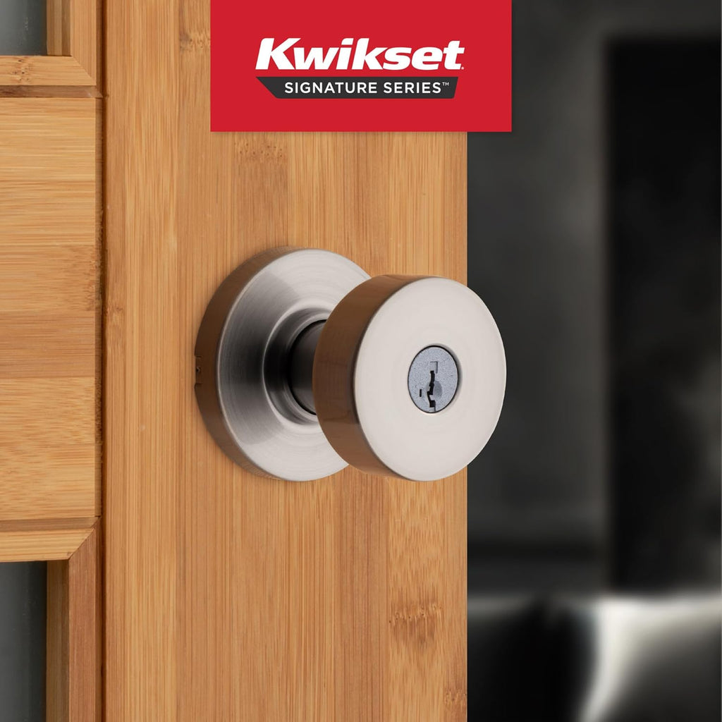 Kwikset Pismo Entry Door Knob with Lock and Key, Secure Keyed Handle Exterior, Front Entrance and Bedroom, Satin Nickel, Pick Resistant SmartKey Rekey Security and Microban