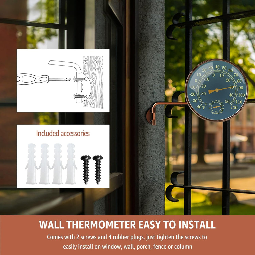 6-Inch Outdoor Thermometer and Humidity Gauge, Window Thermometer for Outside Temperature and Humidity Monitor, Brass Analog Dial, Battery-Free for Patio, Garage, Greenhouse, Garden, Wall