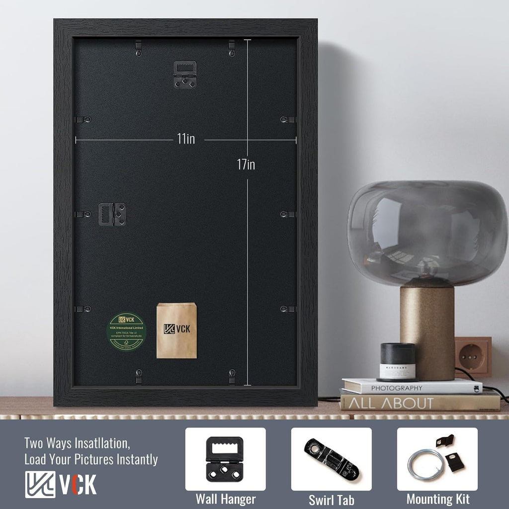 VCK 11x17 Picture Frames Black Set of 6, Wide Border Wood Poster Frame, Multi-Directional Display Family Photos, Office Prints, Studio/Gallery Artwork, Woodgrain Series, Wall Hanging
