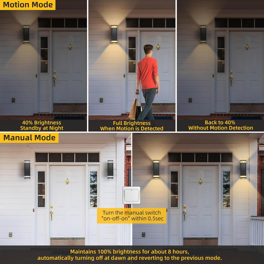 SHIMR Motion Sensor Outdoor Wall Lights 2 Pack, Modern Dusk to Dawn Up Down Sconce with 3 Modes, WaterprExterior Lighting Fixtures for Porch Garage Patio, 3000K LED Bulb Included, Black Finish