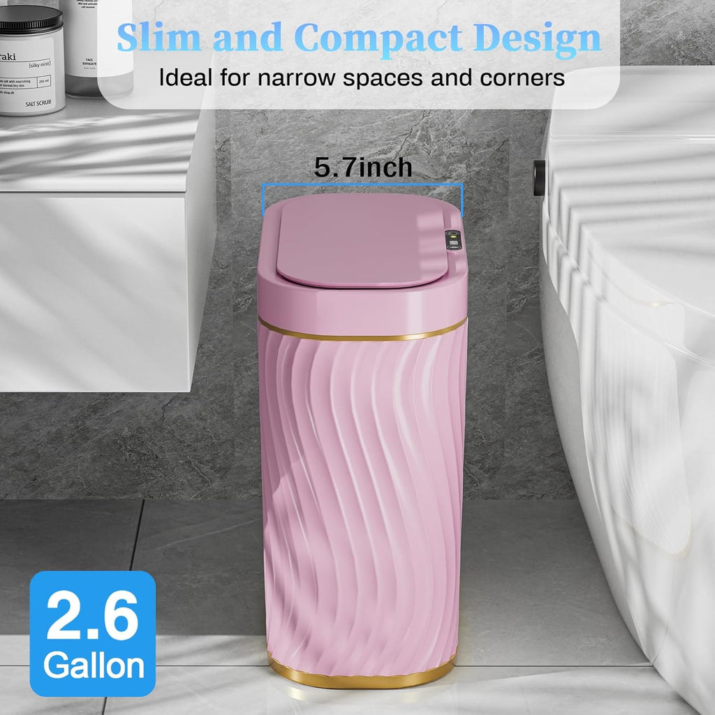 steo spce Bathroom Small Trash Can with Automatic Touchless Lid, 2.6 Gallon Smart Garbage Can Narrow Waterproof Trash Bin for Bedroom, Office, Living Room (Gold Pink)