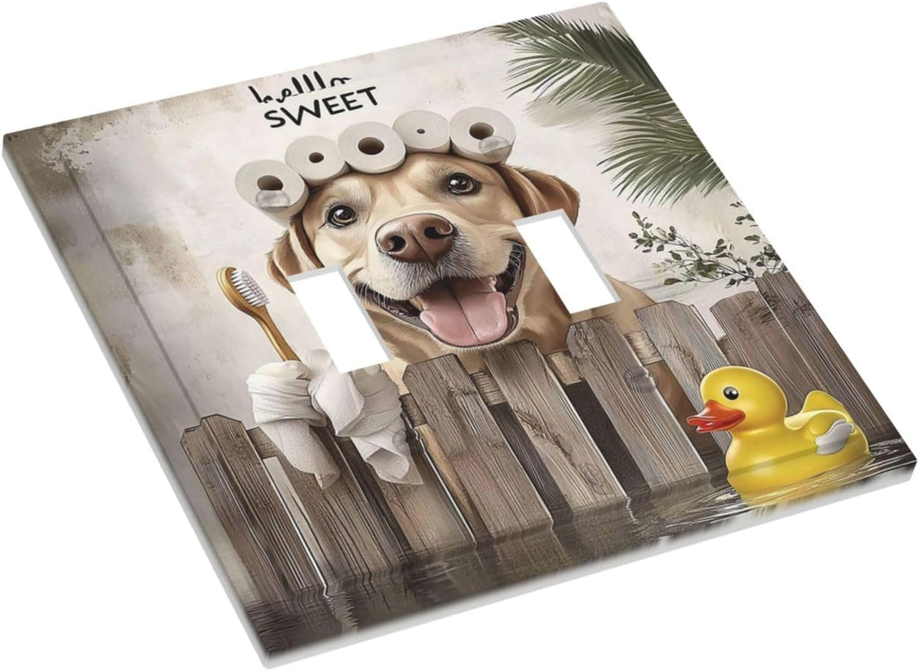 Funny Dog Rustic Farmhouse Wooden Fence Labrador Decorative Switch Plates 2 Gang Double Toggle Outlet Light Switch Cover Wall Plate Electrical Faceplate For Kids Room Bathroom Decor