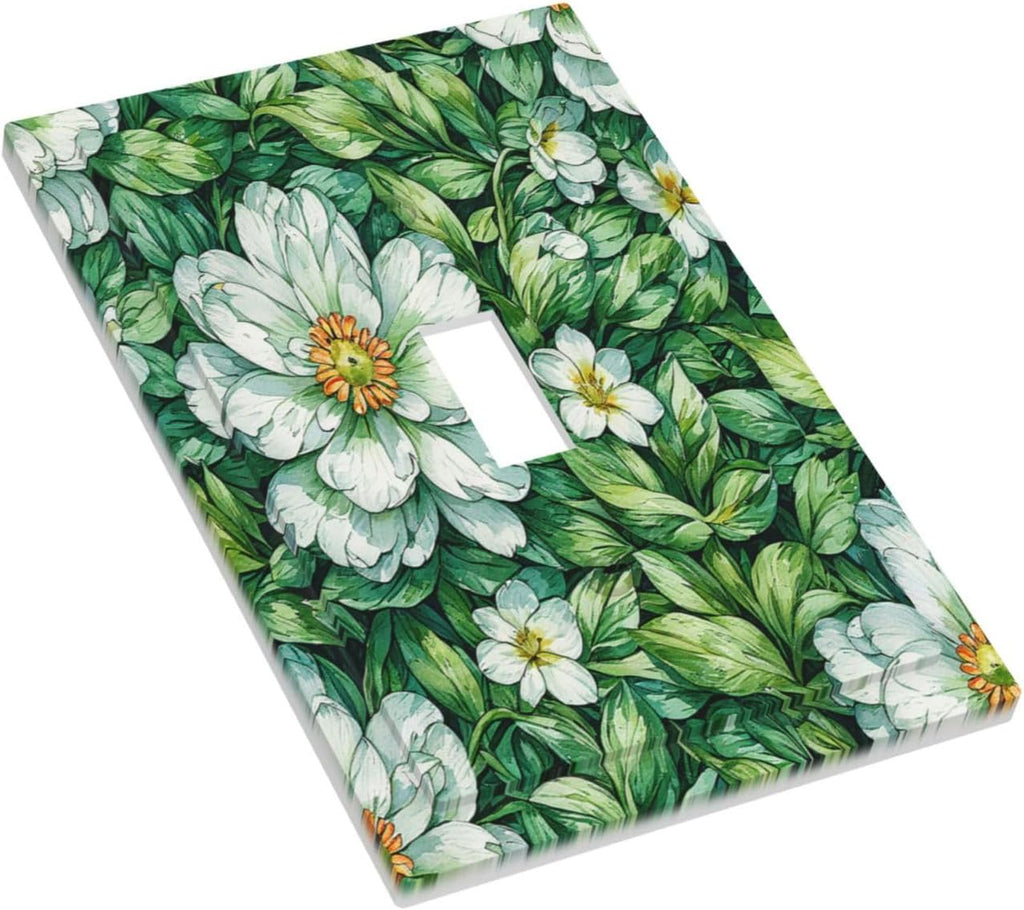Vintage Floral White Flowers Green Plants Leaves Decorative Light Switch Cover 1 Gang Single Toggle Decorator Outlet Wall Plate Device Electrical Faceplate Switchplates for Bedroom Bathroom