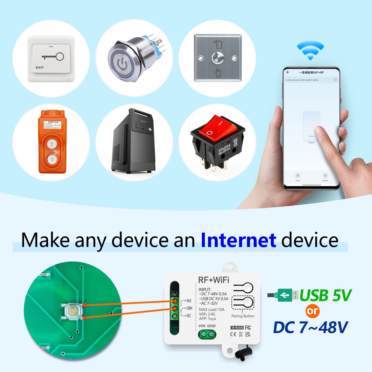 DieseRC Tuya 1 Channel WiFi Smart Switch, DC 5V 12V 24V 36V Passive Output Relay Module, with 2X RF Remote Control, Compatible with Alexa/Google Home