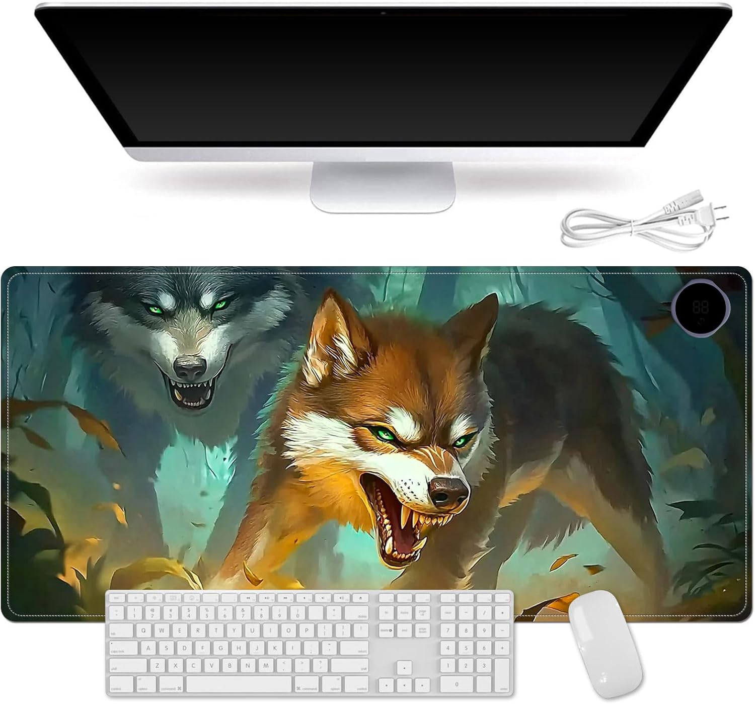 Heated Mouse Pad for Desk 31.5" x 13" – PU Leather Warm Desk Pad with 3 Heat Levels (104°F/113°F/122°F), Plug-in Electric Heating Mat with Auto Shut-Off, Waterproof & Rollable, Forest Wolves