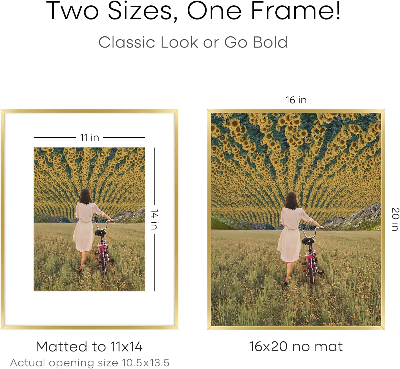 Homeforia 16 x 20 Picture Frame Gold, High End Metal 16x20 Poster Frames with Mat 11x14 Photo, 16 x 20 Gold Frame Matted to 11 by 14 Print, 20x16 Thin Hanging Frame, Tempered Glass, Wall Kit, Set of 2
