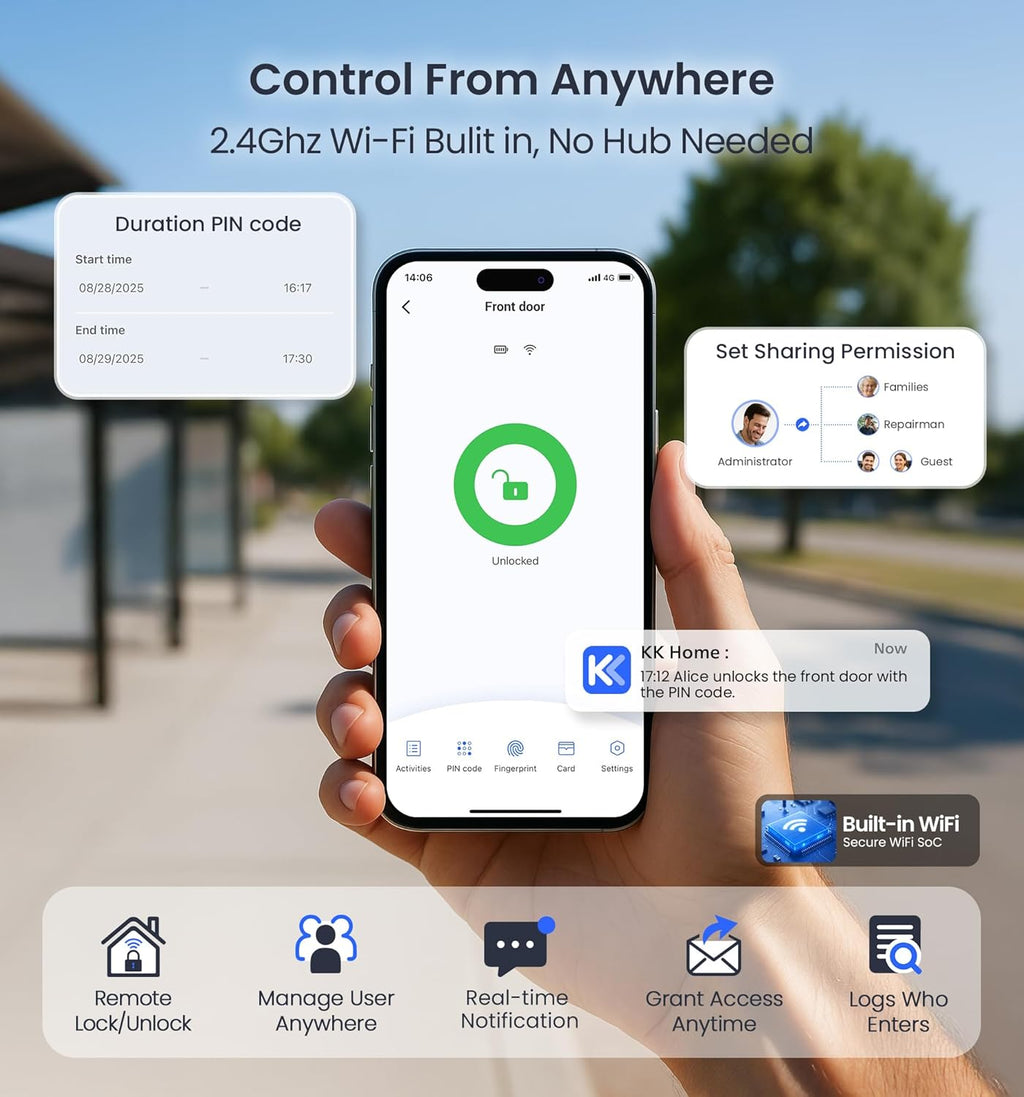 Veise VE029 WiFi Smart Lever Lock, Fingerprint Keyless Entry Door Lock with Handle, Built-in WiFi, Remote App Control, Electronic Digital Knob for Front Door and Bedroom, IP65 Waterproof, Satin Nickel