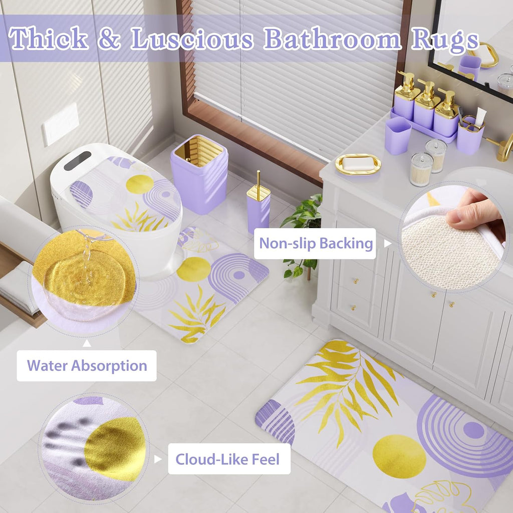 Bathroom Set - Bathroom Sets with Shower Curtain and Rugs, Bathroom Accessory Set, Purple Bathroom Accessories Set with Trash Can, Toilet Brush and Soap Dispensers