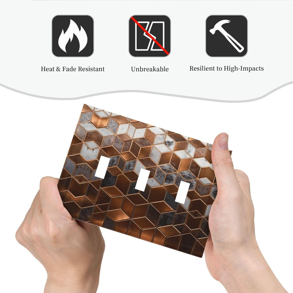 Brown Abstract Luxury Modern Geometric Cubic Marble 3 Gang Triple Toggle Decorative Light Switch Covers Electrical Faceplate Switch Plates for Bathroom Kitchen Home