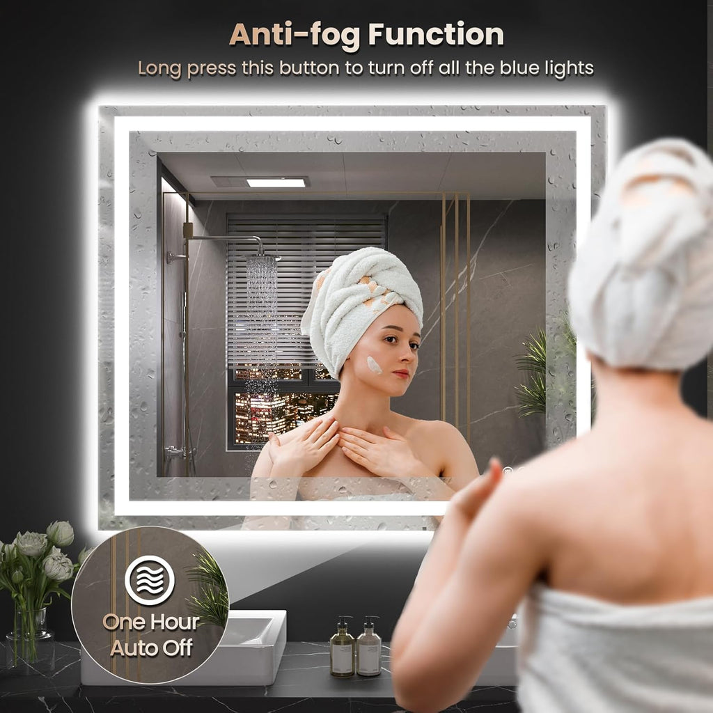 48"X32" LED Bathroom Mirror with Front Lights and Backlit, Anti-Fog, Dimmable, Shatter-Proof Tempered Glass, Lighted Bathroom Vanity Mirror for Wall with 3 Colors, Memory Function