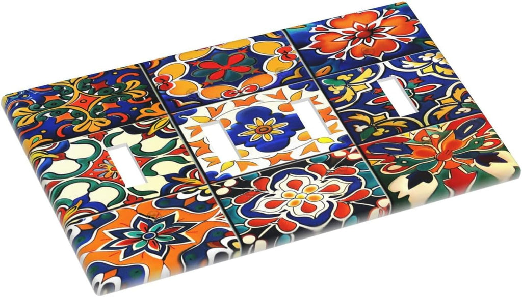 Light Switch Covers Colorful Mexican Talavera Vintage Boho Floral Quad Toggle Electrical Faceplate 4 Gang Wall Plate Decorative Switch Plates For Farmhouse Cabin Decor