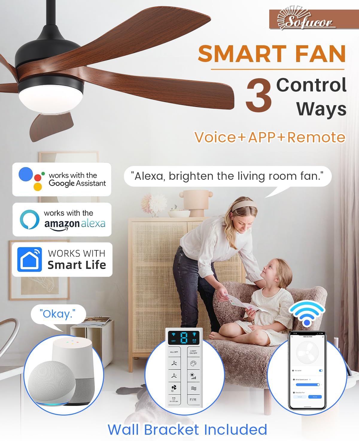 Sofucor 45" Smart Ceiling Fan, Indoor/Outdoor Ceiling Fans with Lights and Remote, Work with Alexa/Google/App, 3-Color Light 6-Speed Timing Reversible DC Motor for Bedroom Living Room Patio