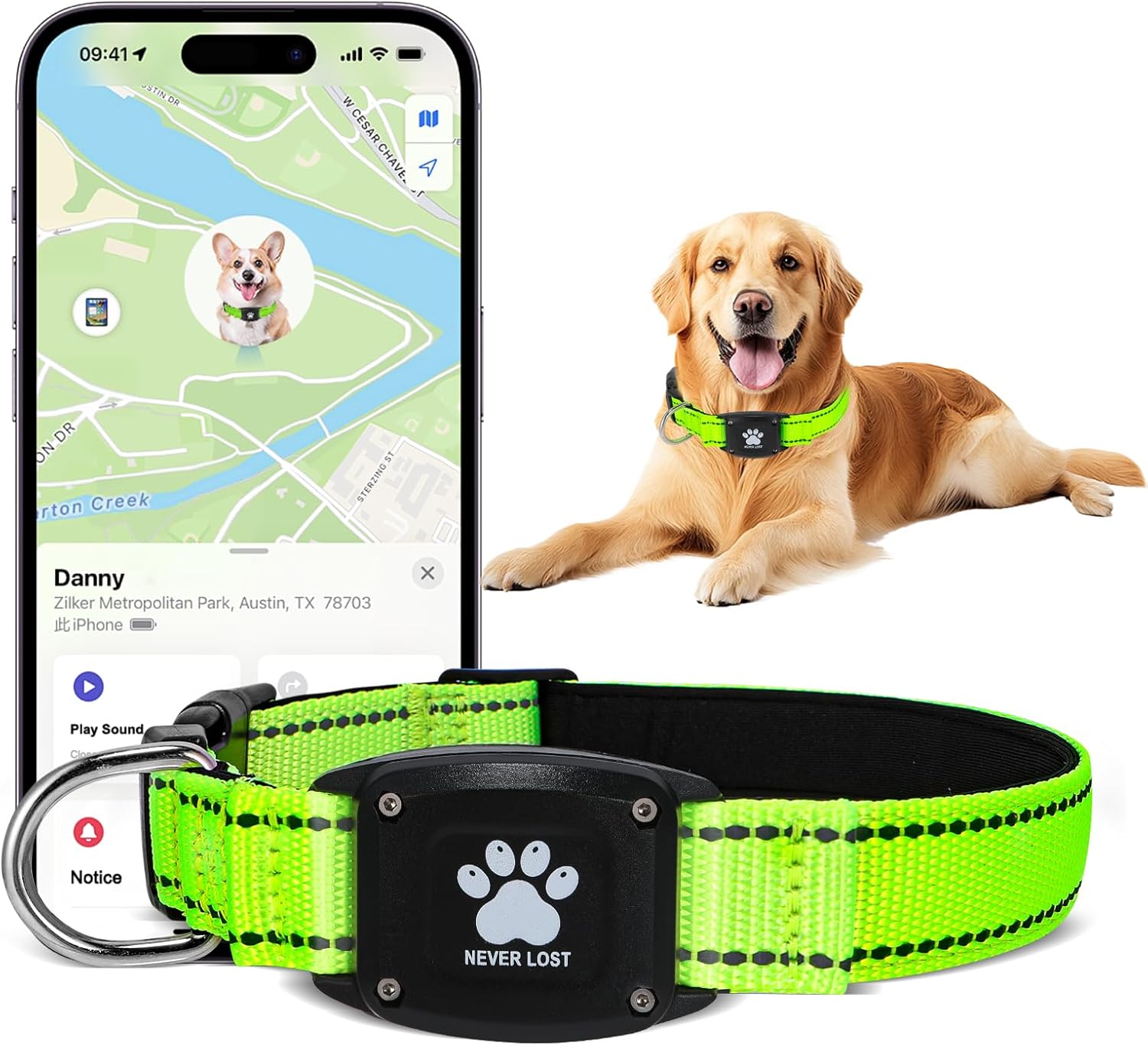 GPS Dog Collar Tracker 2-in-1,Reflective Waterproof Pet Collar,iOS-Only,No Monthly Fees,Unlimited Range,Ideal for Dog Tracking pet Tracker,for Small Medium Large Dogs(XS (10.6"-13.6"), Green)