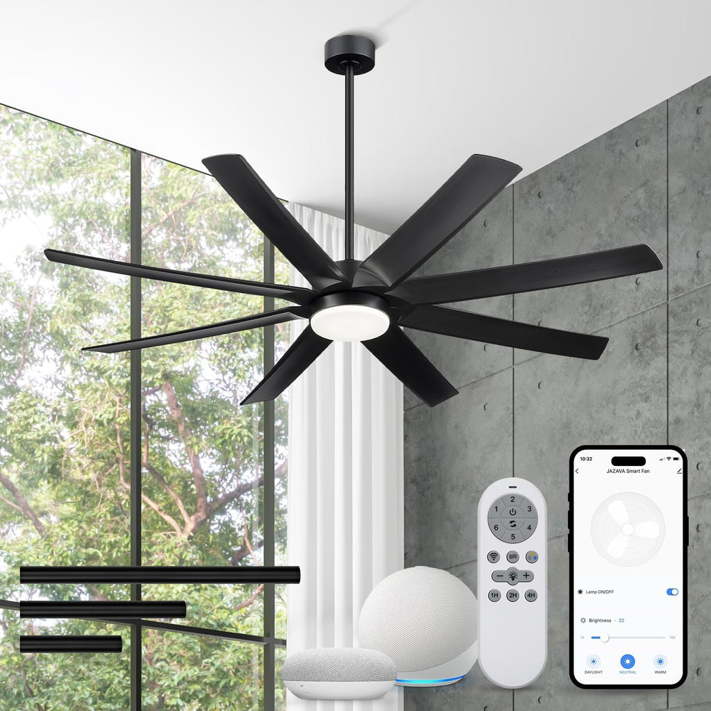70 Inch Ceiling Fans with Lights, Smart Ceiling Fan with Voice Control, 8 ABS Blades, Reversible DC Motor, 3CCT Dimmable Black Ceiling Fan for Patio, CF01-BK