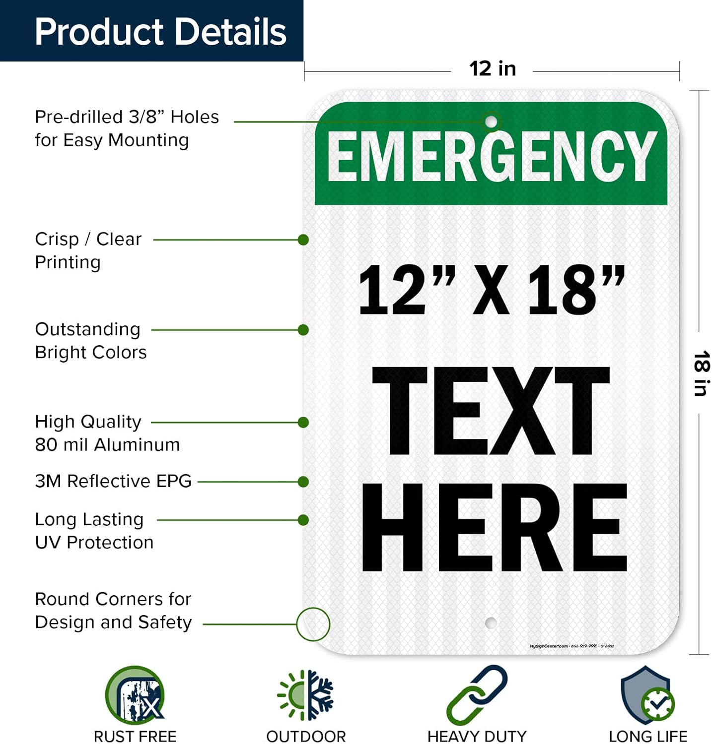 Custom Emergency Sign, OSHA Sign, 12x18 Inches, 3M EGP Reflective, Rust Free .063 Aluminum, Fade Resistant, Made in USA by My Sign Center