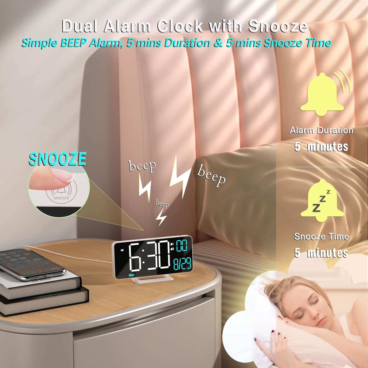 KOSUMOSU Digital Alarm Clocks 6.7in Small Digital Clock for Bedroom,Auto Dimming,Dual Alarm, Date, Seconds, Day of Week, Indoor Temperature,Desk Clock for Classroom,LED Clocks for Living Room