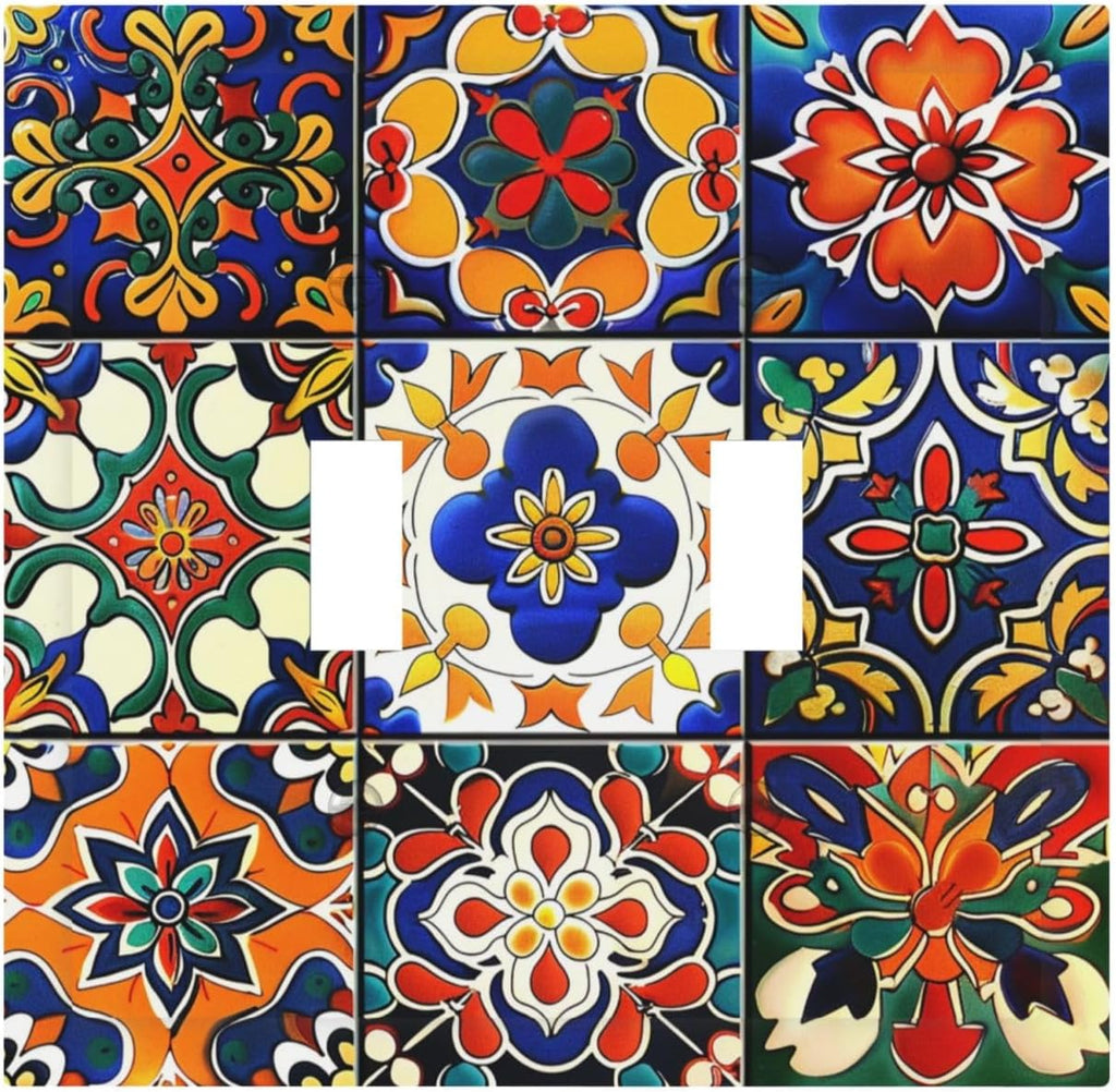 Decorative Switch Plates Colorful Mexican Talavera Vintage Boho Floral 2 Gang Double Toggle Outlet Light Switch Cover Wall Plate Electrical Faceplate For Farmhouse Cabin Decor