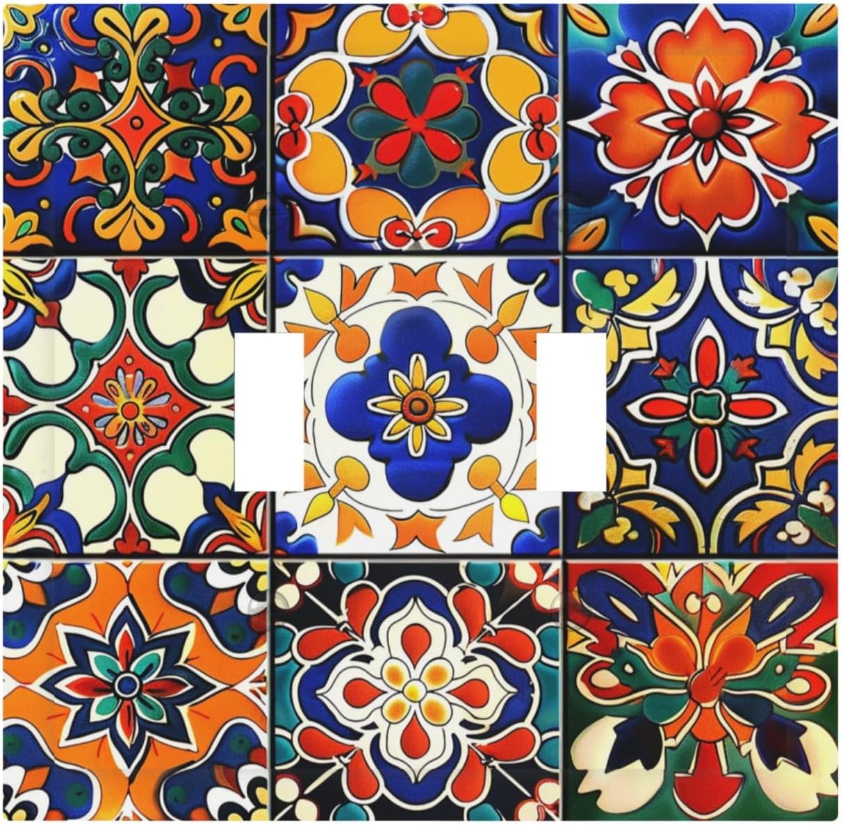 Decorative Switch Plates Colorful Mexican Talavera Vintage Boho Floral 2 Gang Double Toggle Outlet Light Switch Cover Wall Plate Electrical Faceplate For Farmhouse Cabin Decor