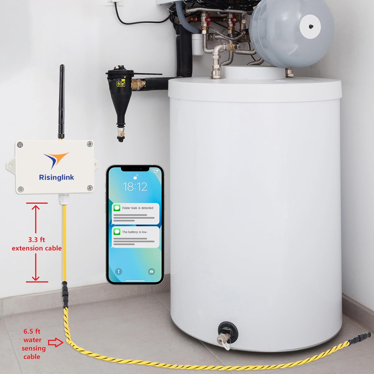 Smart Water Leak Detector, Zone Water Detector, WiFi-Enabled with 6.5 ft Sensing Cable, Real-Time Notifications via Text Message, Email, and Audio, Battery Powered