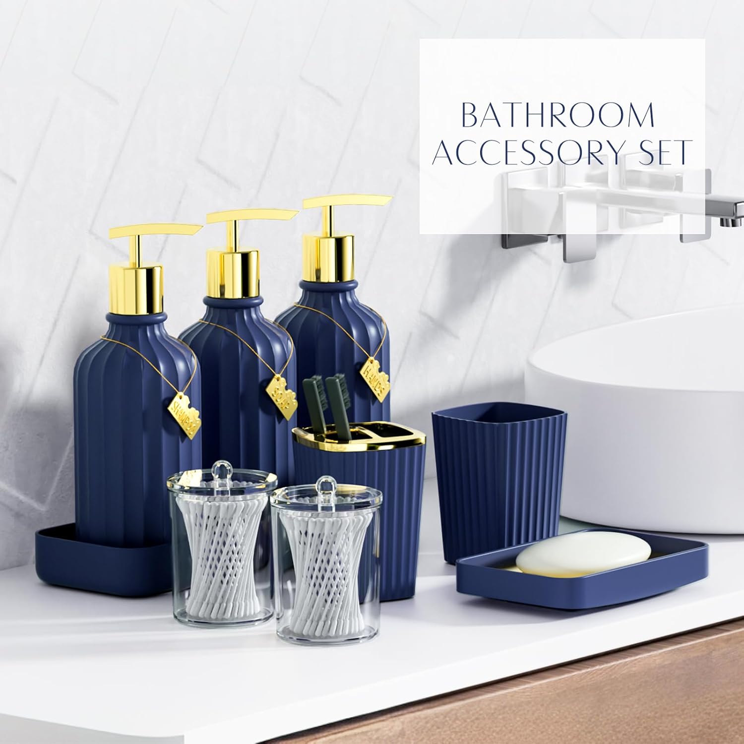 32PC Bathroom Sets with Shower Curtain and Rugs-Navy Blue Bathroom Accessories,Non Slip Bathroom Rugs Set with Toilet Lid Cover, Waterproof Shower Curtain, 3PC Soap Dispenser with Trash Can