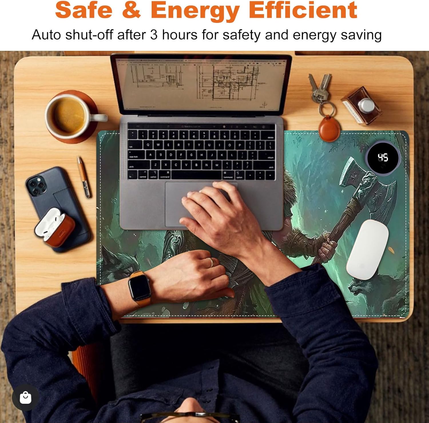 Small Heated Desk Pad 23.6" x 14.2" – Compact Electric Mouse Pad with 3 Heating Levels, Auto Shut-Off, Waterproof PU Surface, Plug-in Warmer for Office or Home Use, Wild Hunter