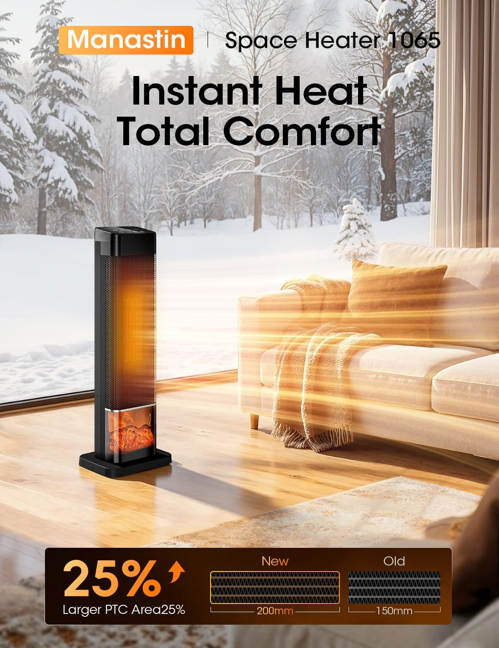 Manastin Space Heaters for Indoor Use, Electric Heaters with Remote, Adjustable Thermostat, 120° Oscillation, 24H Timer, Child Lock & Safety Protection, Portable Heater for Large Room, Office, Garage