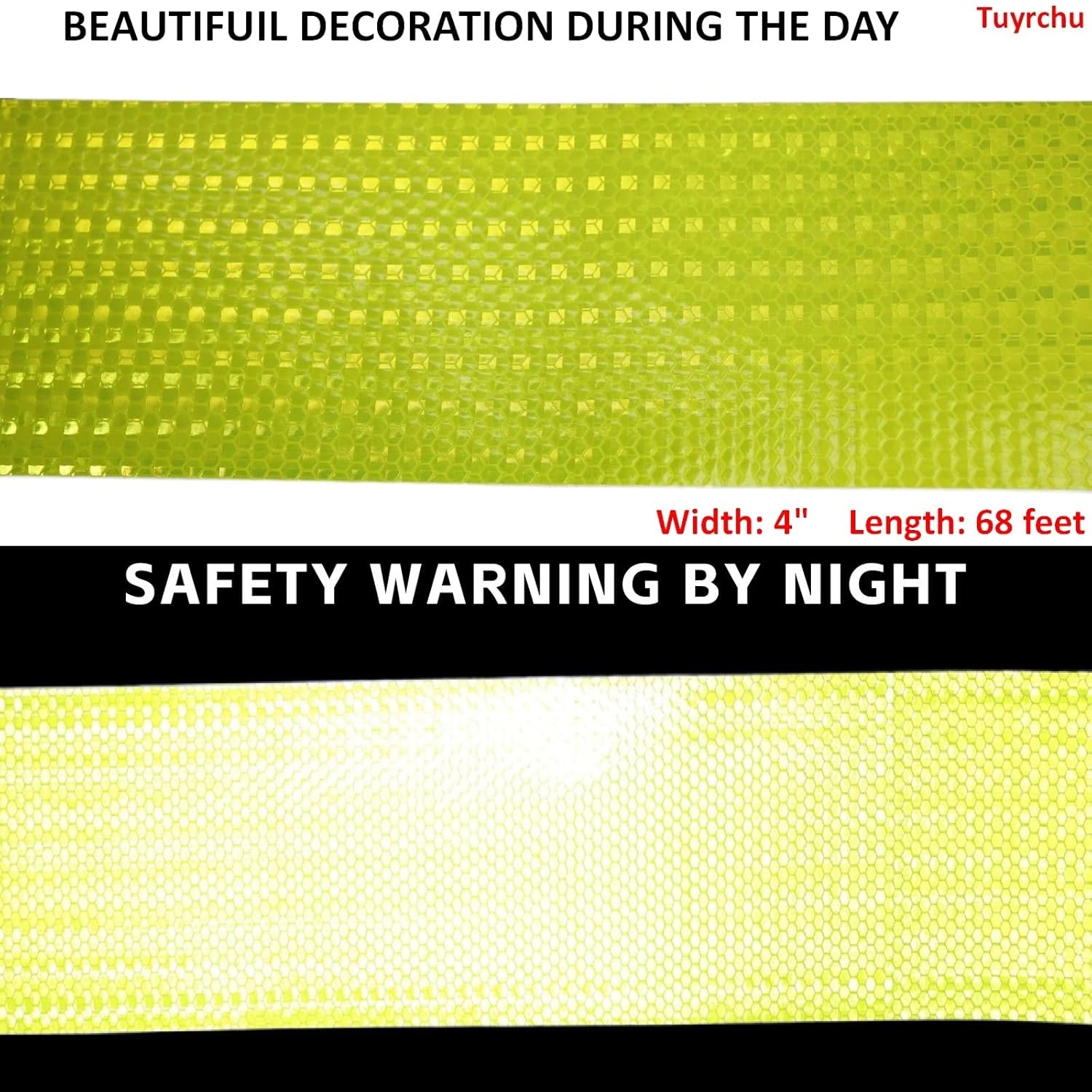 Fluorescent Yellow Reflective Tape 4 inch, Outdoor Waterproof High Visibility Warning Safety Industrial Marking Tape (68 feet)