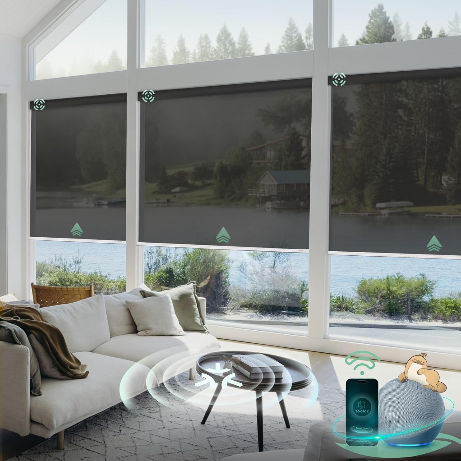 Yoolax Smart Blinds, Motorized Matter Solar Shades Flame Resistat Automatic Blinds for Windows Motorized Shades Compatible with Alexa, Google Home, Homekit(Solar-5% Openness Black)