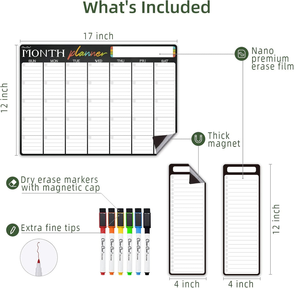 Magnetic Dry Erase Monthly Calendar - 17"x12" Monthly Calendar for Fridge - 4"x12" List Board 2 Pcs - 6 Extra Fine Point Markers Included - Shipped Flat