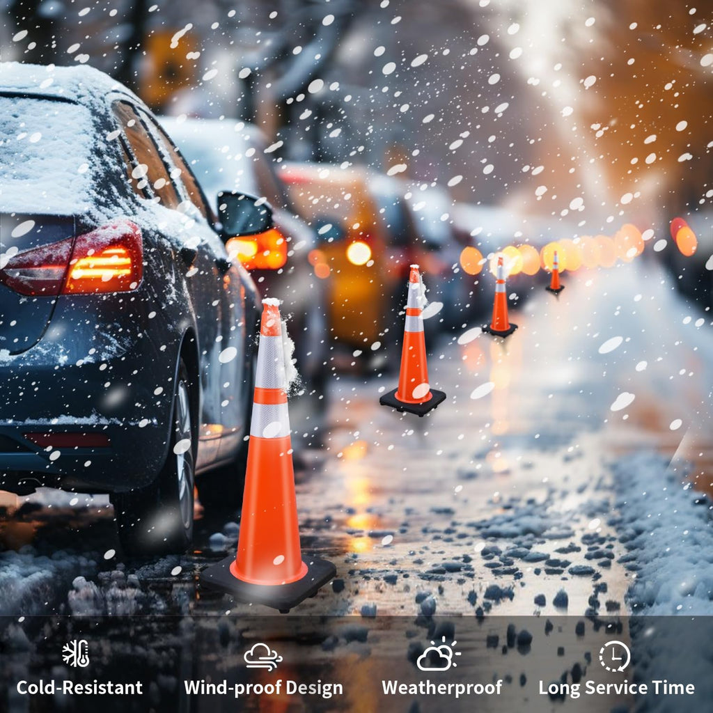 (4 Cones) BESEA 36” inch Orange PVC Traffic Cones, Black Base Construction Safety Cones Road Parking Cone Structurally Stable Wearproof (36" Height)