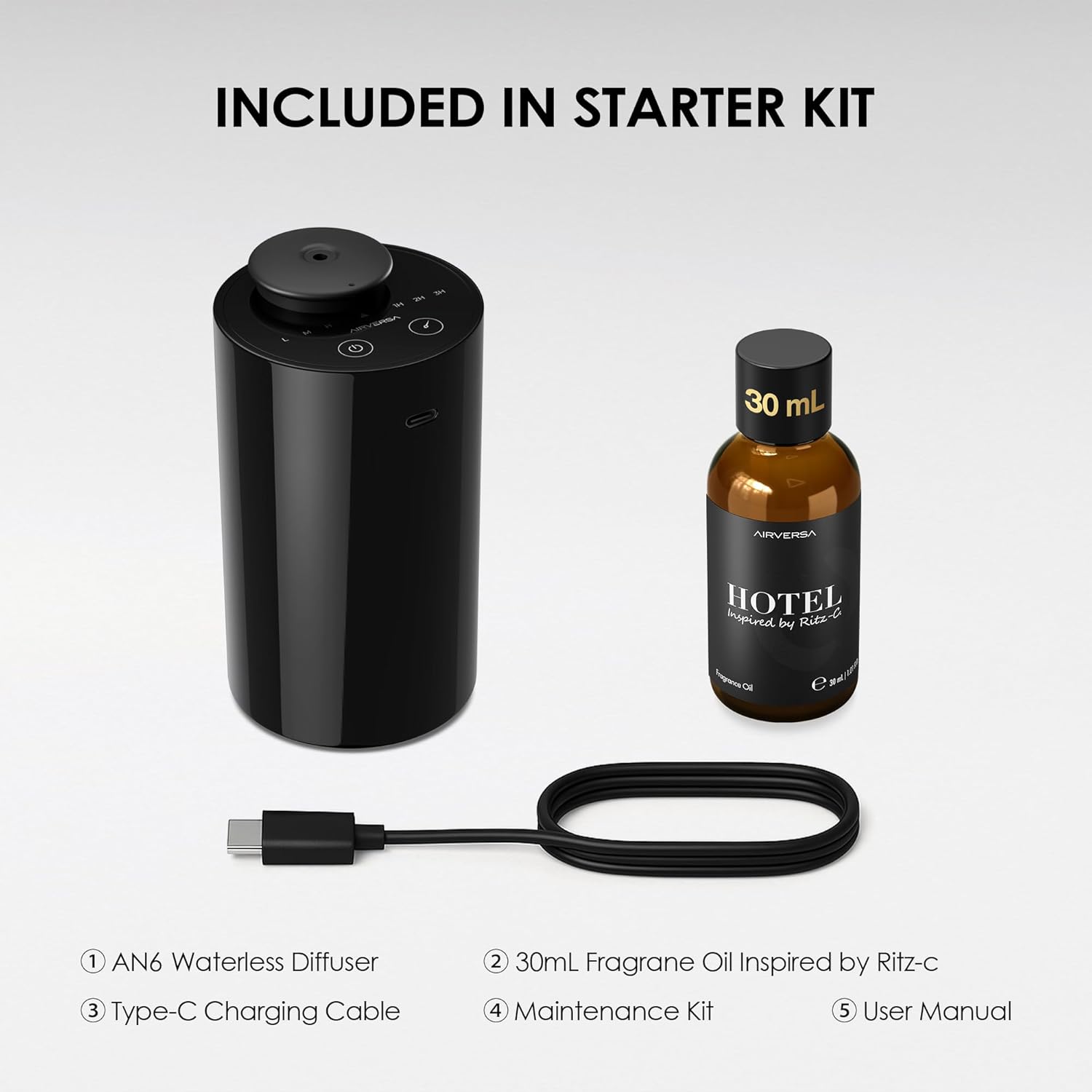 Airversa Waterless Essential Oil Diffuser Starter Kit with 30mL Hotel Fragrance Oil Inspired by Ritz-C., Battery Operated Car Diffuser, Portable Aroma Nebulizer for Home Car Office, AN6Kit-2, Black