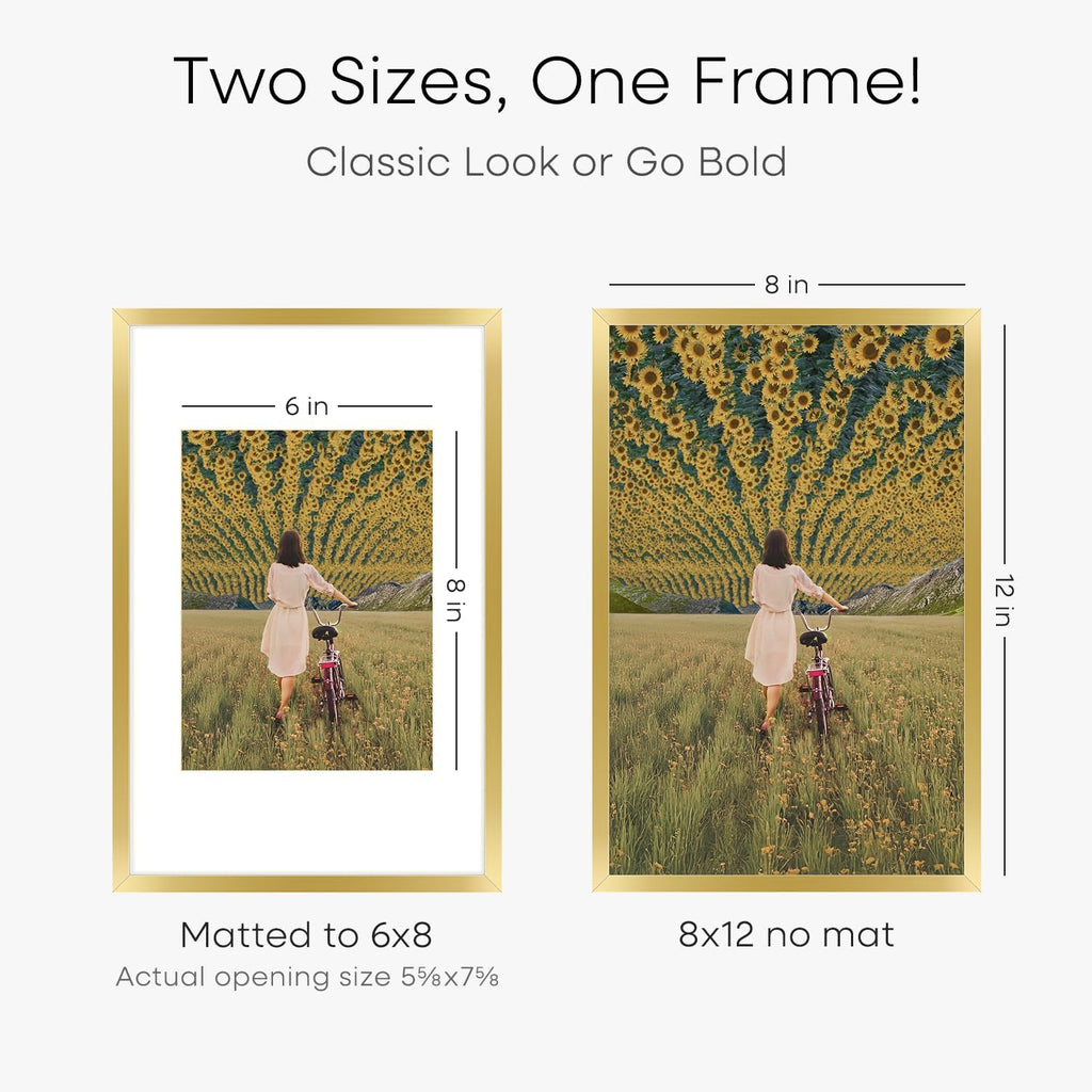 Homeforia 8x12 Picture Frame Gold, High End Metal 8 x 12 Poster Frames with Mat 6 by 8 for Photo, 12x8 Frame Matted to 6x8 inch Print, 8by12 Wall or Tabletop Frames, Tempered Glass, Wall Kit, Set of 3