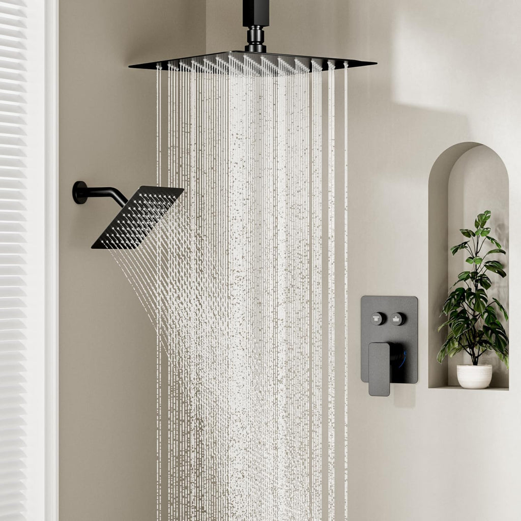 Shower Faucets Sets Shower System Matte Black, STARBATH 12" Ceiling Mount Rain Showerhead and 8" Wall Mounted Rainfall Shower for Couples, On Off Button Valve Dual Head Shower Systems Complete
