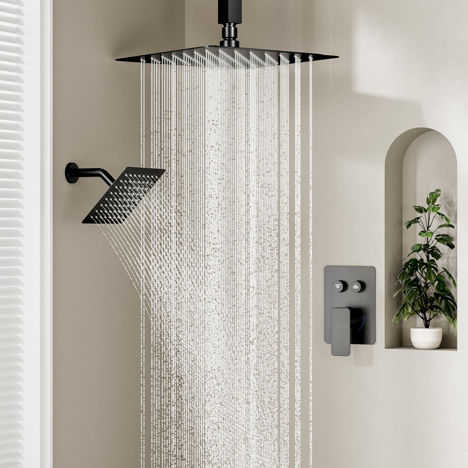 Shower Faucets Sets Shower System Matte Black, STARBATH 12" Ceiling Mount Rain Showerhead and 8" Wall Mounted Rainfall Shower for Couples, On Off Button Valve Dual Head Shower Systems Complete