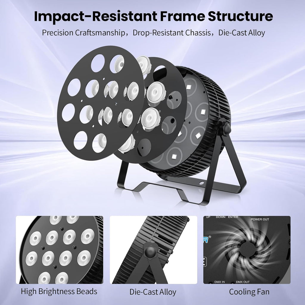 Betopper LED Stage Lights, 12X18W DJ Par Light, RGB+Lime+Amber+UV 6-in-1 Wash/Strobe Effect Stage Lighting, DMX512/Sound Activated Uplighting Lights for DJ, Parties, Concerts, Bars, 4-Pack