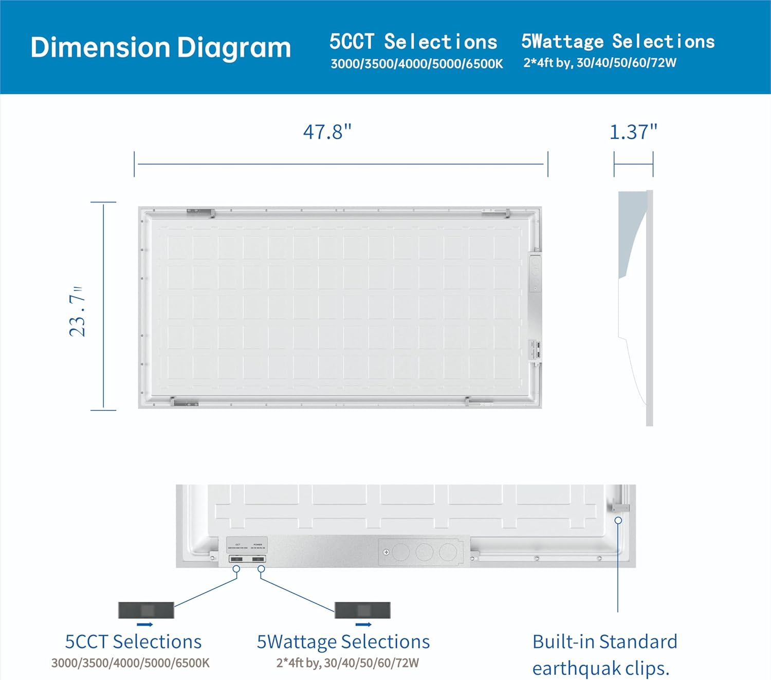 2x4 FT LED Light Flat Panel, 40-72W, 5 CCT 3K | 3.5K | 4K | 5K | 6.5K, Dimmable Recessed Drop Ceiling Lights, 3750/5000/6250/7500/9000 Lumens, Lay in Fixture for Office, 120-277V, UL DLC(54 Pack)