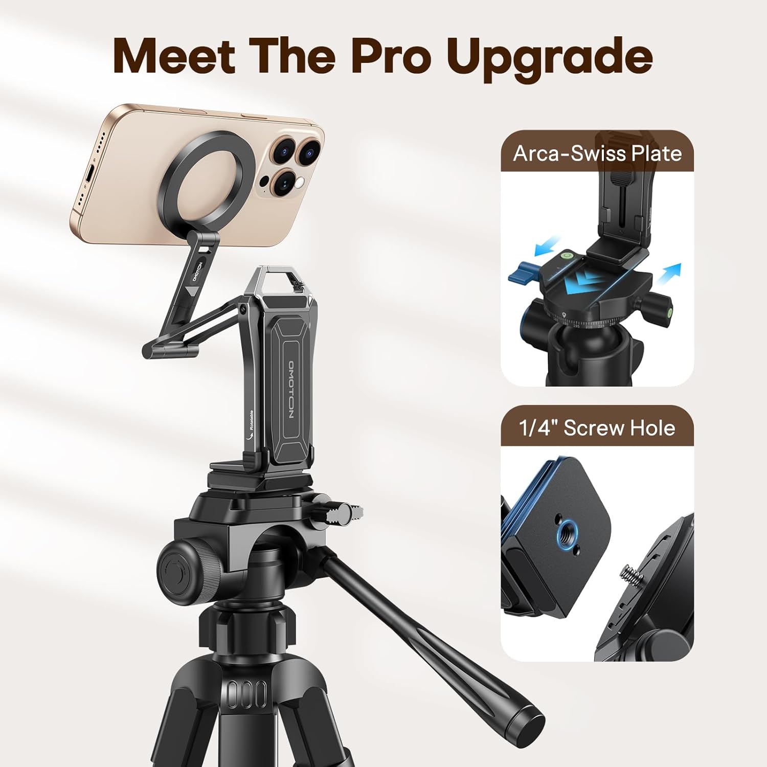 OMOTON 360°Rotating for MagSafe Tripod, New Upgrade with 1/4" Screw Arca, Adjustable Magnetic Phone Tripod for iPhone 17/16/15 Pro Max Air, Foldable Selfie Stick Fits Vlog, Gym, Travel Essentials