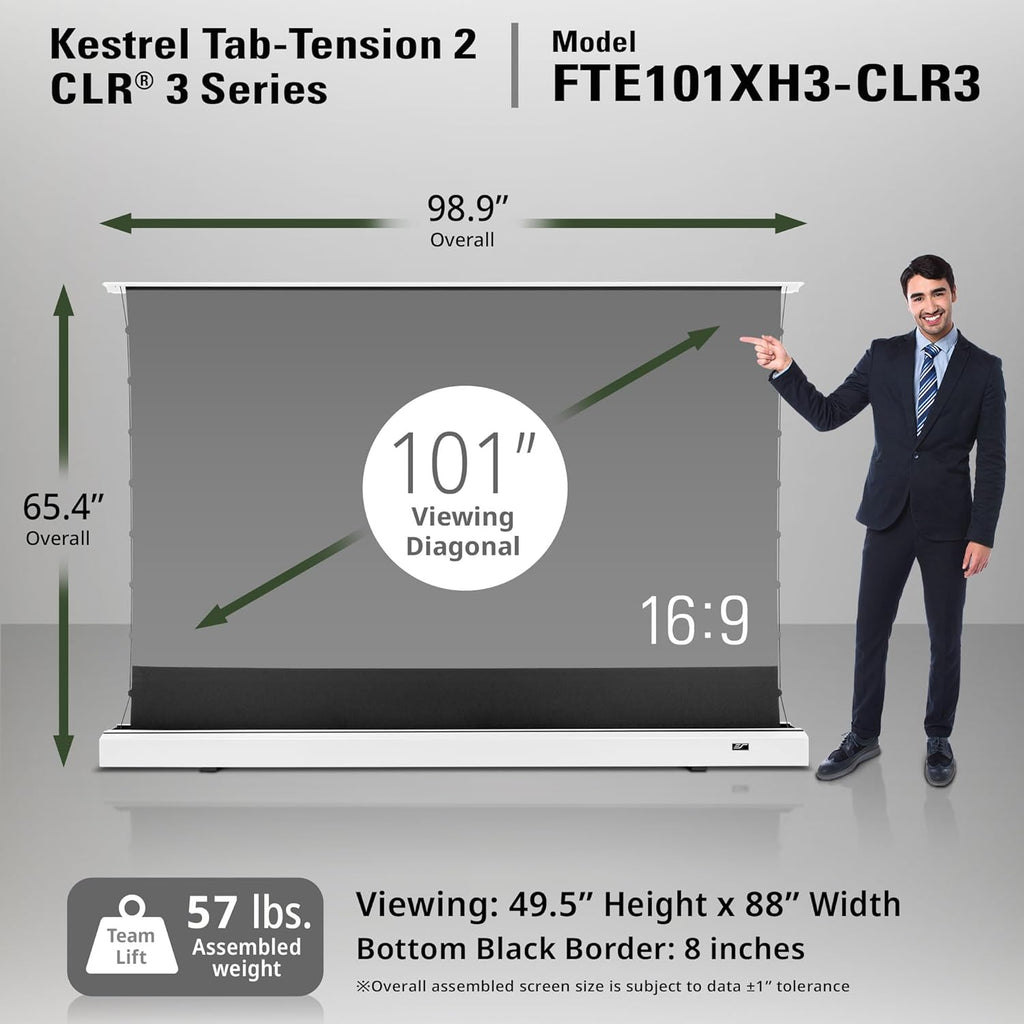 Elite Screens Kestrel Tab-Tension 2 CLR3, 101" 16:9, Ultra-Short Throw Ceiling Ambient Light Rejecting (CLR/ALR) Electric Floor-Rising Motorized Front Projector Screen,White Casing, FTE101XH3-CLR3