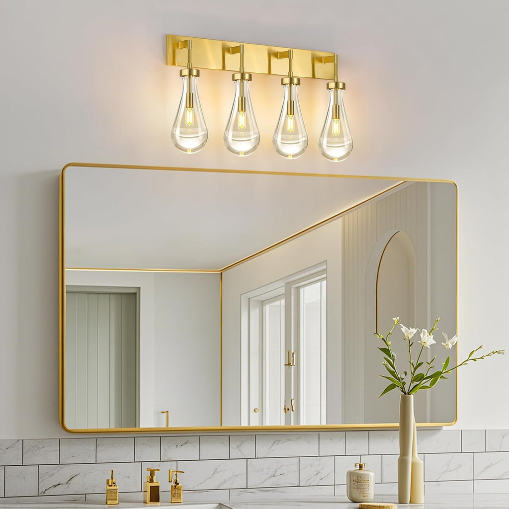 Raindrop Wall Sconces Gold Crystal Sconces Wall Decor Modern Lighting Glass Bathroom Sconces Indoor Vanity Light Wall Lamp for Bedroom Living Room Stair(4-Light)