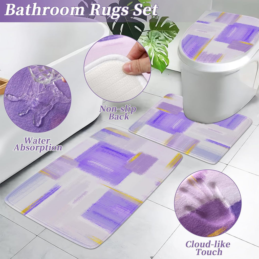 Bathroom Set - Purple and Gold Bathroom Accessories Set, Bathroom Sets with Shower Curtain and Rugs, Purple Shower Curtain Set with Bathroom Trash Can, Soap Dispenser, Soap Dish for Home Decor