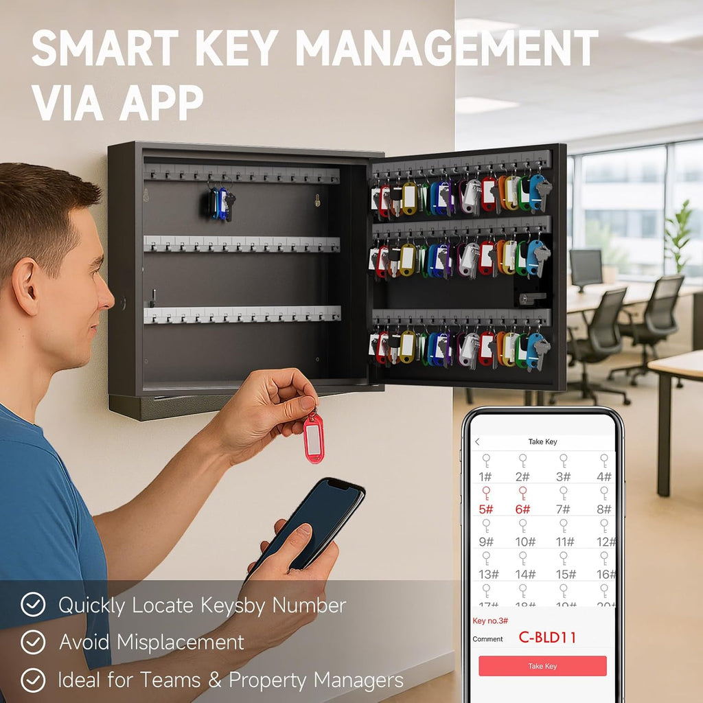 WeHere Smart Key Lock Box, Wall Mounted Key Cabinet with 90 Key Tags, Bluetooth App Control, OTP & Password Unlock, Wi-Fi Remote Unlock (Bridge Required), Steel Key Safe for Office Home Business