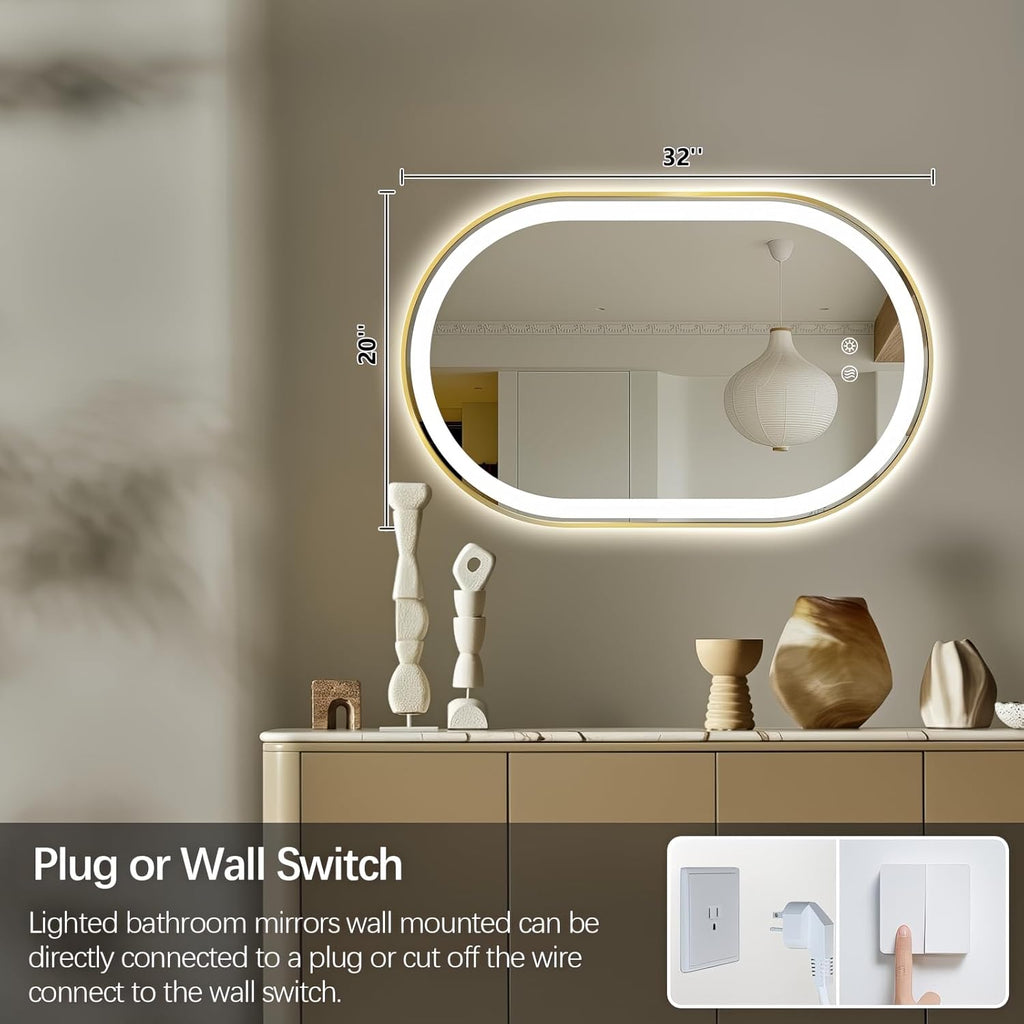 Niccy Oval LED Mirror for Bathroom, 32x20 Front Lit + Backlit Vanity Mirrors with Light Anti-Fog, Shatter-Proof, 3 Colors, Makeup Mirror with Old Gold Frame (Horizontal/Vertical)
