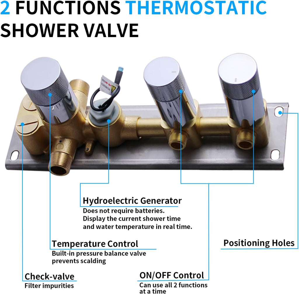 HONGTONGSOWER 2 Way Shower Diverter Valve Brass 2 Functions Digital Temperature Display Thermostatic Shower Mixing Valve Kit 3 Handle Flow Cotrol Valve, Can Run Simultaneously Chrome