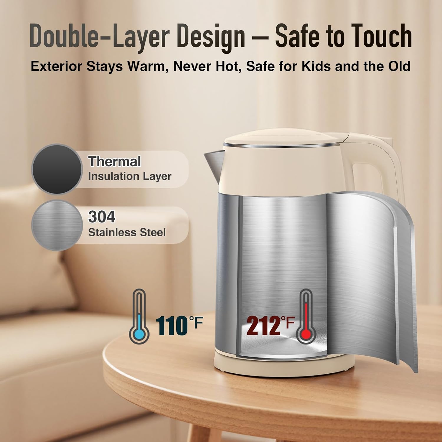Mecity Electric Kettle 1.7L Touch Screen Temperature Control Water Boiler, No Plastic Contact with Water. 6 Presets For Tea and Coffee, 2 Hours Keep Warm, Cream & Stainless Steel Color