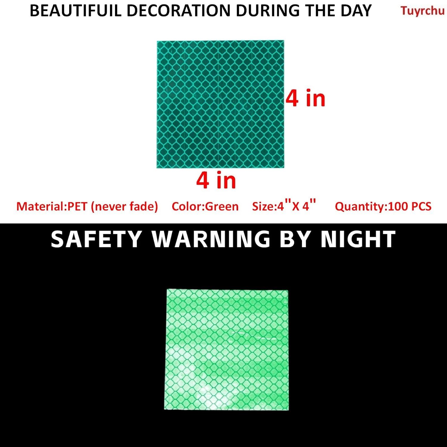 Non Fading Green Reflective Stickers 4 inch X 4 inch, Outdoor Waterproof High Visibility Warning Safety Adhesive Reflector Tape (100 Pcs)
