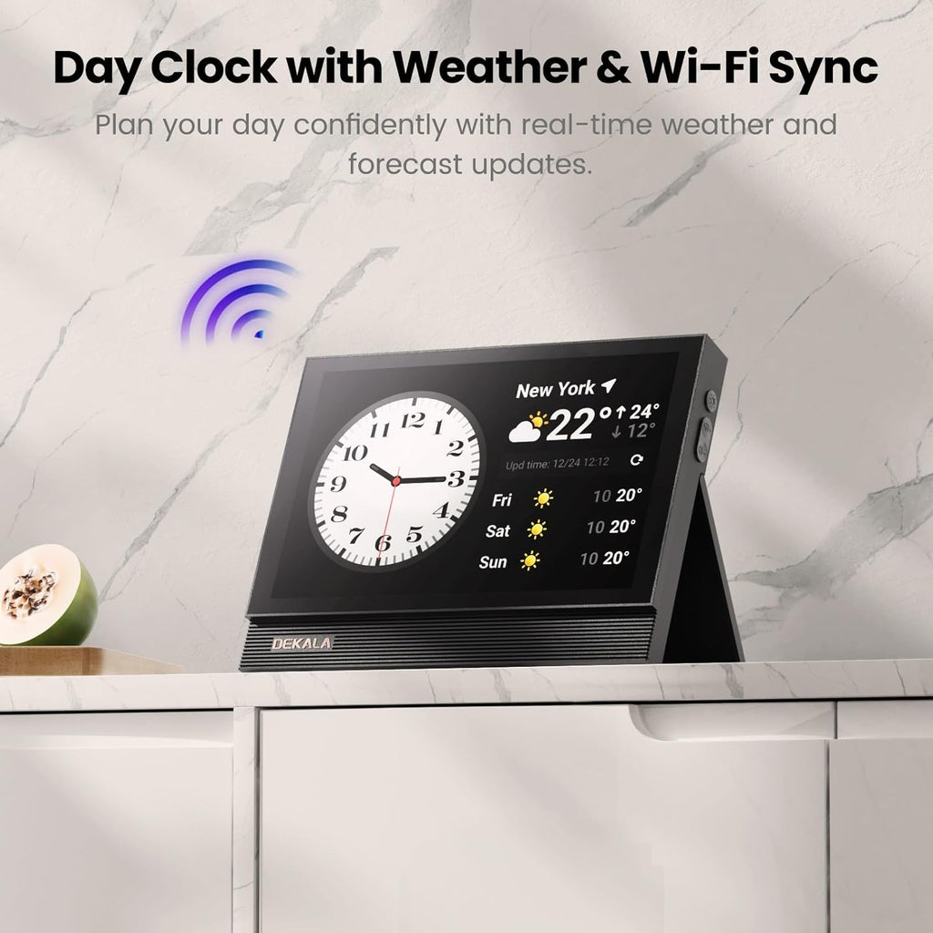 Dekala ClearTime 10.1" Large Display Digital Wall Calendar Clock, TouchScreen Voiced Alarm Clock for Bedroom Medication Reminder, WiFi Weather Display Auto DST for Adult Senior Dementia Heavy Sleepers