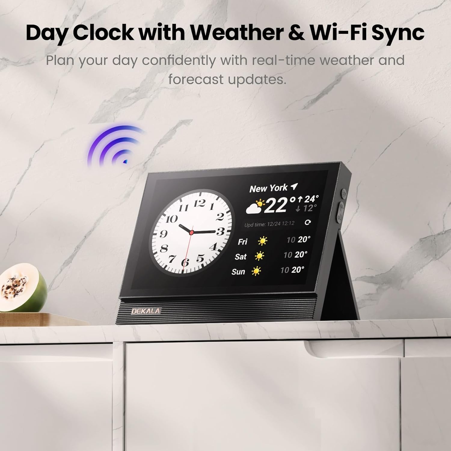 Dekala ClearTime 10.1" Large Display Digital Wall Calendar Clock, TouchScreen Voiced Alarm Clock for Bedroom Medication Reminder, WiFi Weather Display Auto DST for Adult Senior Dementia Heavy Sleepers
